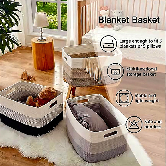 Large Woven Cotton Basket Blanket Toys Handles Gradient Gray 22”x17”x12” - Picture 6 of 8